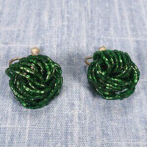 1960s Vintage Screw Back Earrings with Braided Green Mini Bead Cords